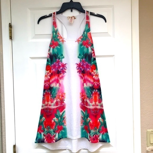 OP Tops - Ocean Pacific Multi Color/White Tank Top/Cover Up-Size M (7-9)